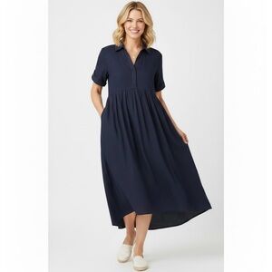 NWT 100% Linen Navy Blue Babydoll Midi Shirt Dress Pockets Small Coastal